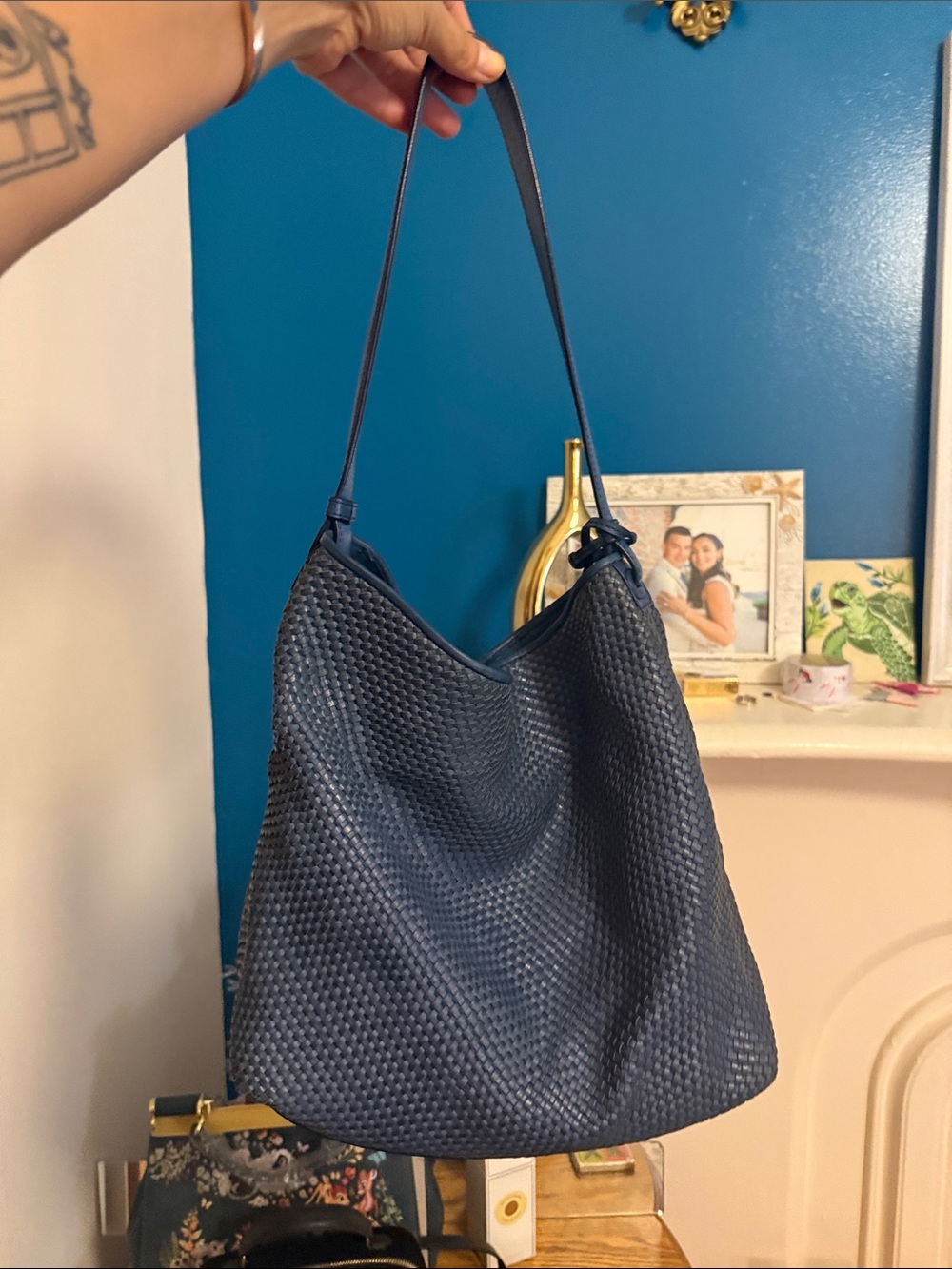 Tory Burch Navy Woven Hobo Shoulder Bag with Tassel - Picture 4 of 8